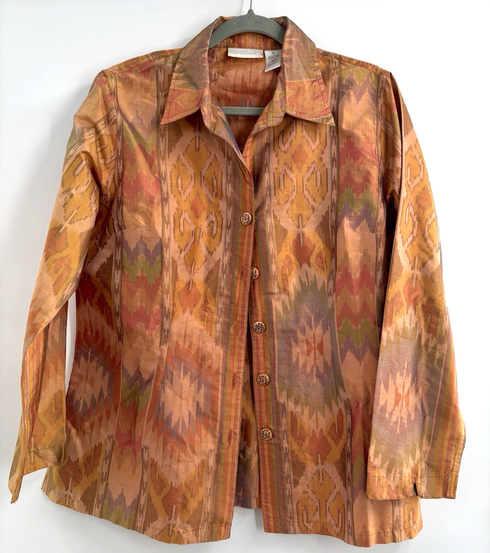 Soft Surroundings Blouse Top Sz L Silk Button Up Aztec Tribal Boho Long Sleeve